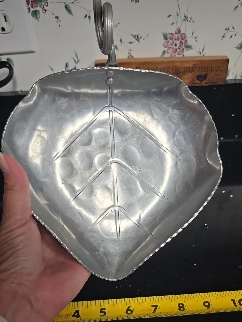 Early 20th Century Handcrafted Aluminum Leaf Decorative Candy Dish w/Loop Handle